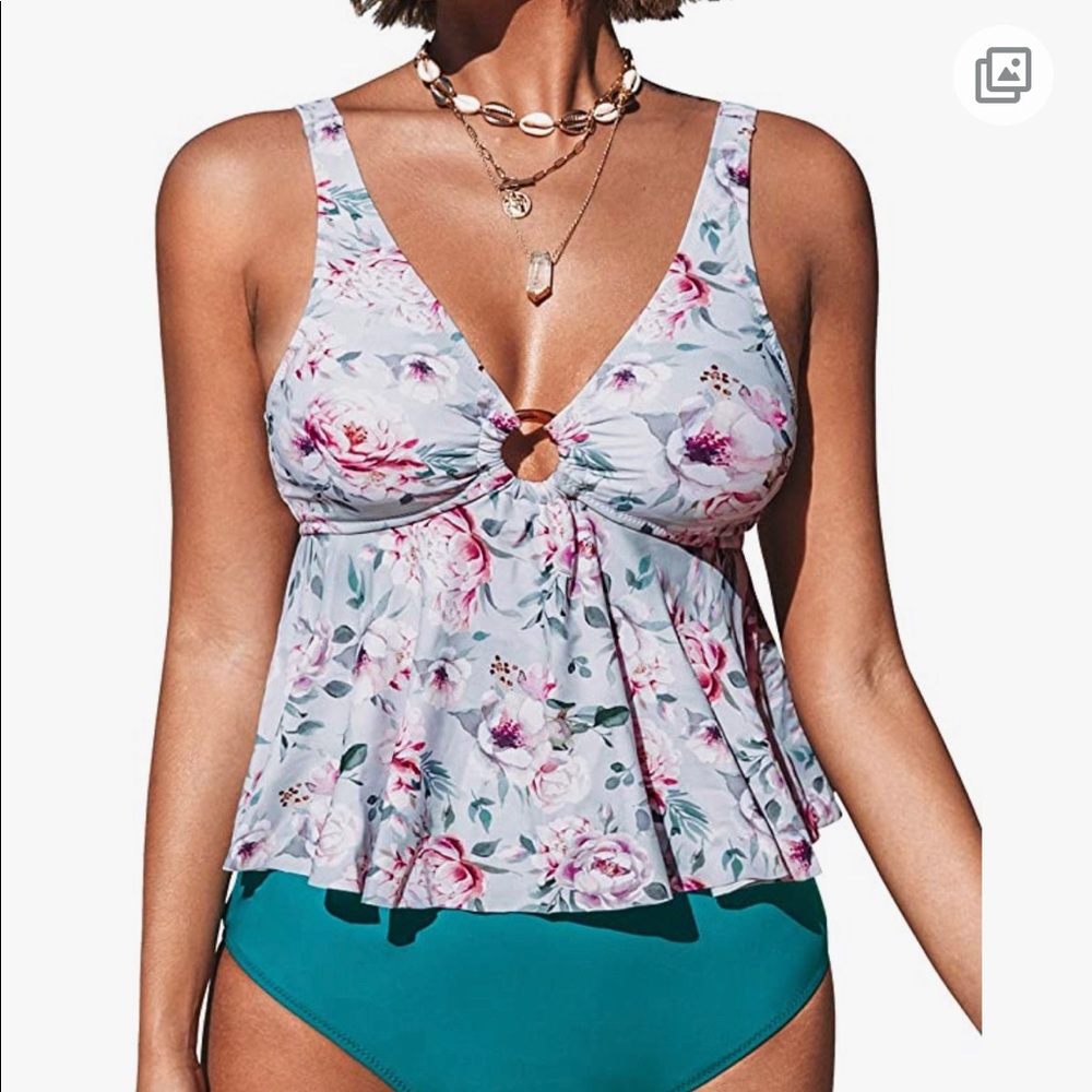 NEW Green Pink Floral High Waisted Bohemian Boho Swim Tankini M Top, L Bottoms